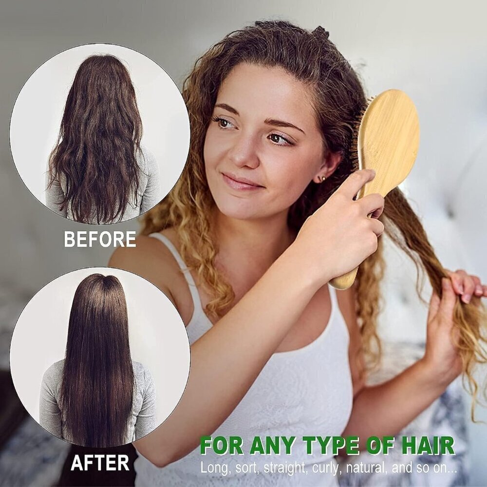 Hair Brush Set, Natural Bamboo Comb Paddle Detangling Hairbrush, Wide-tooth and - Picture 5 of 9